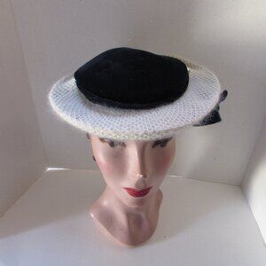 Cute Vintage 1960 Era Hat Topper Navy Velvet White Wispy Brim